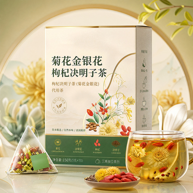 Chrysanthemum & Honeysuckle Cooling Herbal Tea with Goji & Cassia Seed | Five-Treasure Wellness Tea Bags OEM